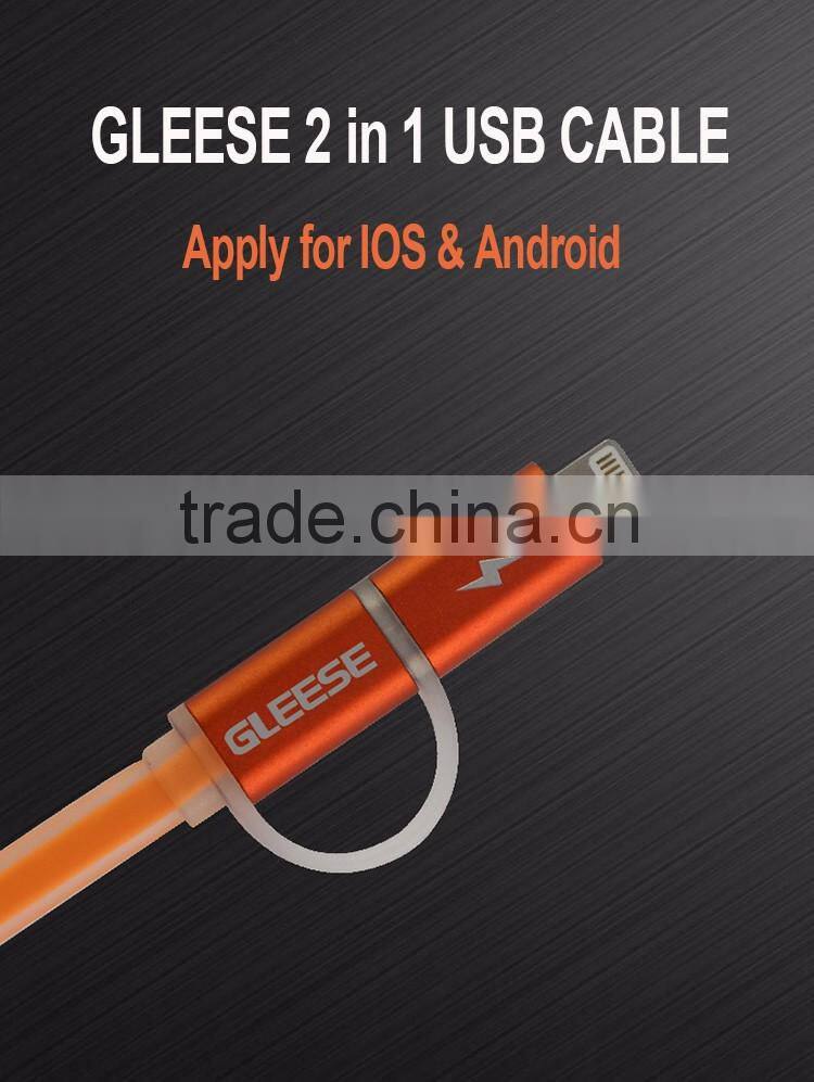 Gleese New Original 2 in 1 Micro USB Flat Cable 1M Data Sync Charging USB Cable For iphone 5S/ 6 Plus Samsung
