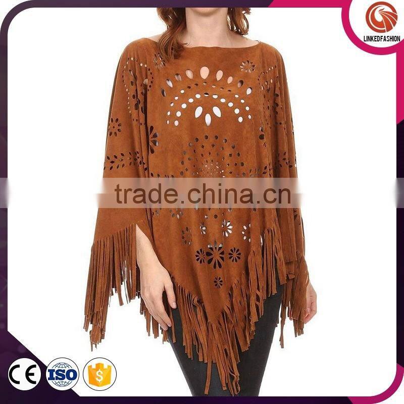 2016 New fashionable tassel promotional suede poncho
