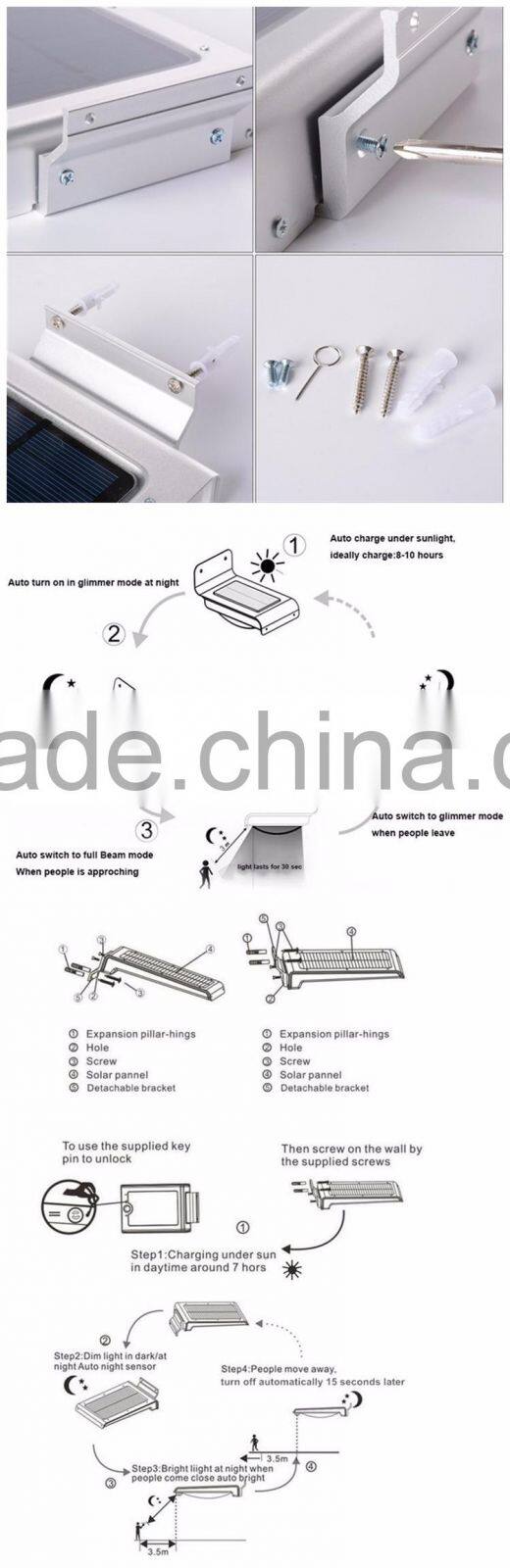 46 led aluminum pad ip65 450LM PIR sensor + Light control+weak light motion sensor solar led light