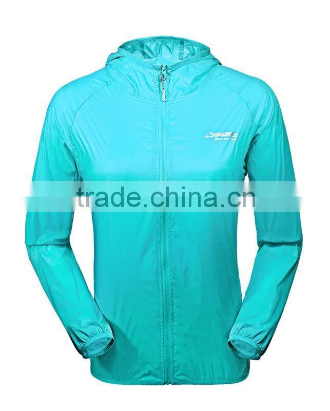100% nylon women's waterproof, reflective red sport jacket with hood and full Zipper