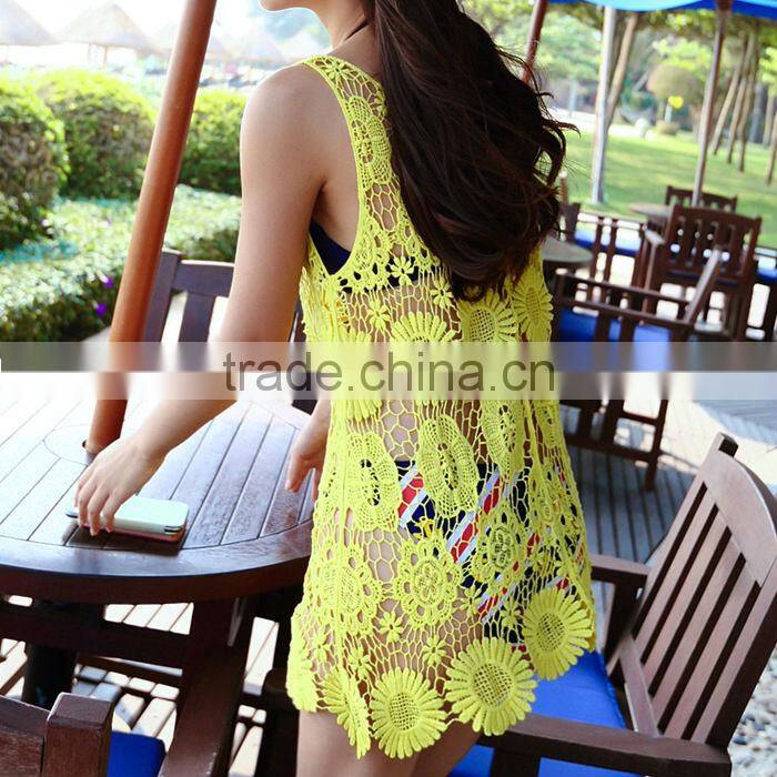 Hot Women Lace Crochet Sleeveless Swimwear Bikini Cover Up Beach Vest Dress Sexy Ladies One Piece Dress Yellow