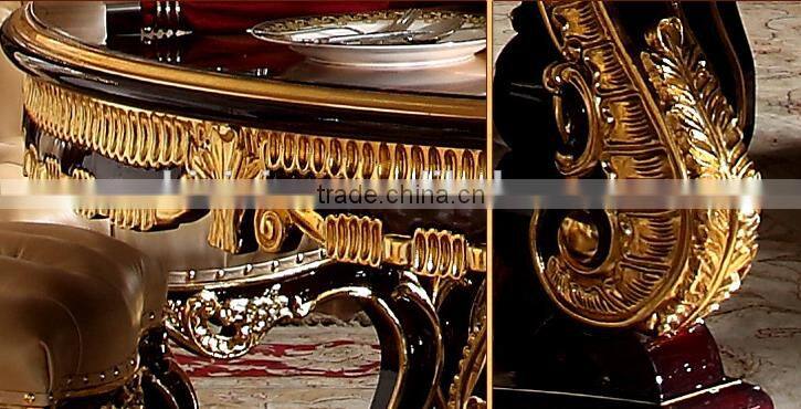 Neoclassical luxury solid wood hand carved dining room furniture gold color lazy susan round dining table