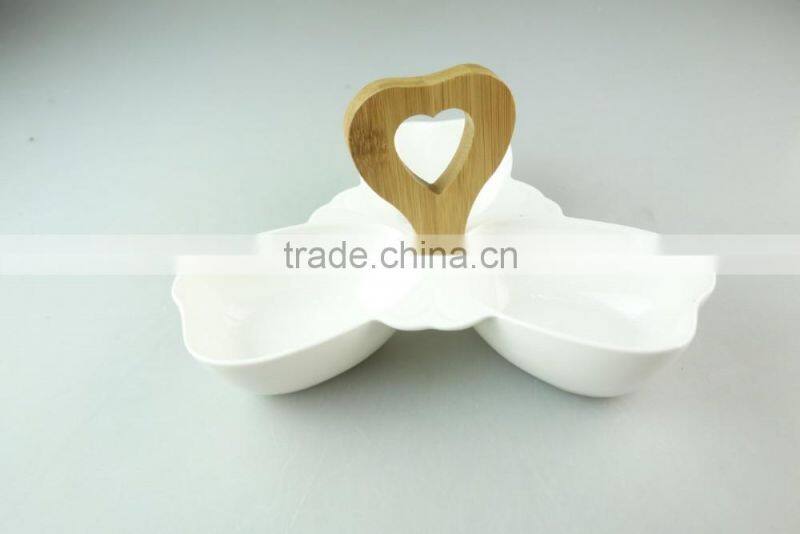 White ceramic porcelain snack serving plate with wooden handle 3 section