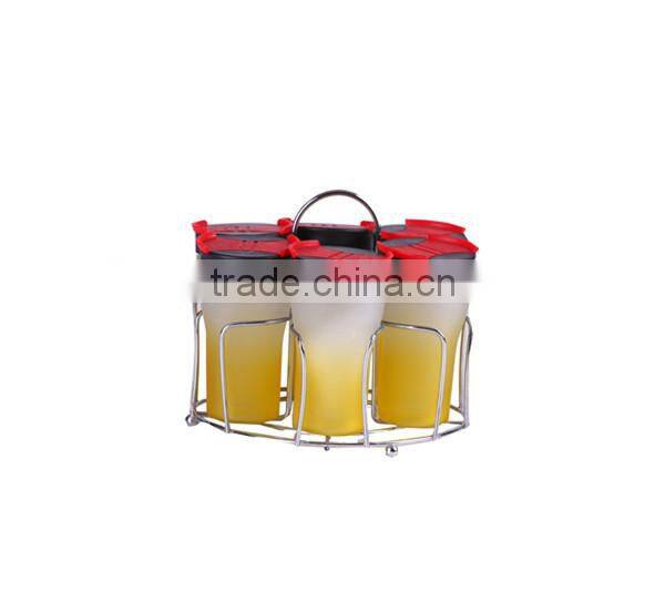 colorful glass salt and pepper shakers with metal rack