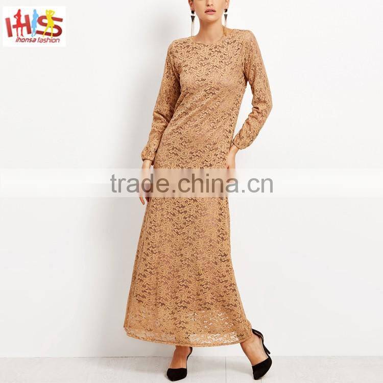 Muslim Lace Overlay Long Sleeve Islamic Kaftan Abaya Maxi Dress New Model Abaya in Dubai HST7733