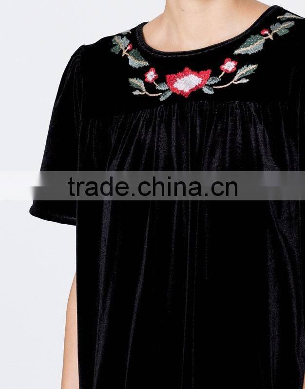 New Short Sleeve Floral Velvet Mini Dress Frock Design With Hand Embroidery Designs For Dress 2016 HSD5828