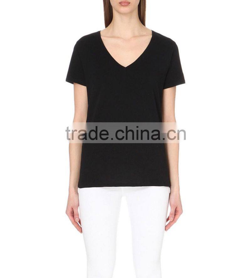 Wholesale Women Black Short Sleeve V-neck Marl Finish Cotton Jersey T-shirt(DQE0157T)