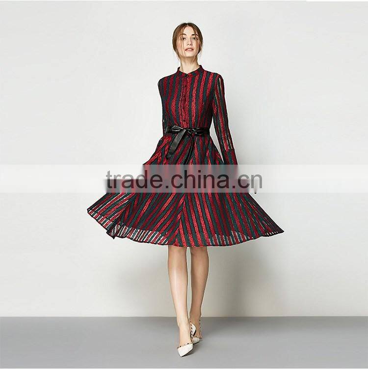 Stylish Women's black long sleeve Striped Pattern Lace long Patchwork Party Long Dress