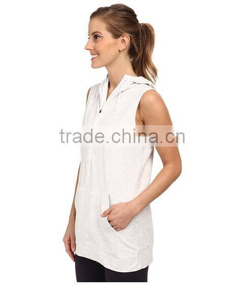 women vest waistcoats with hooded sleeveless half-zip hoodie white and gray color