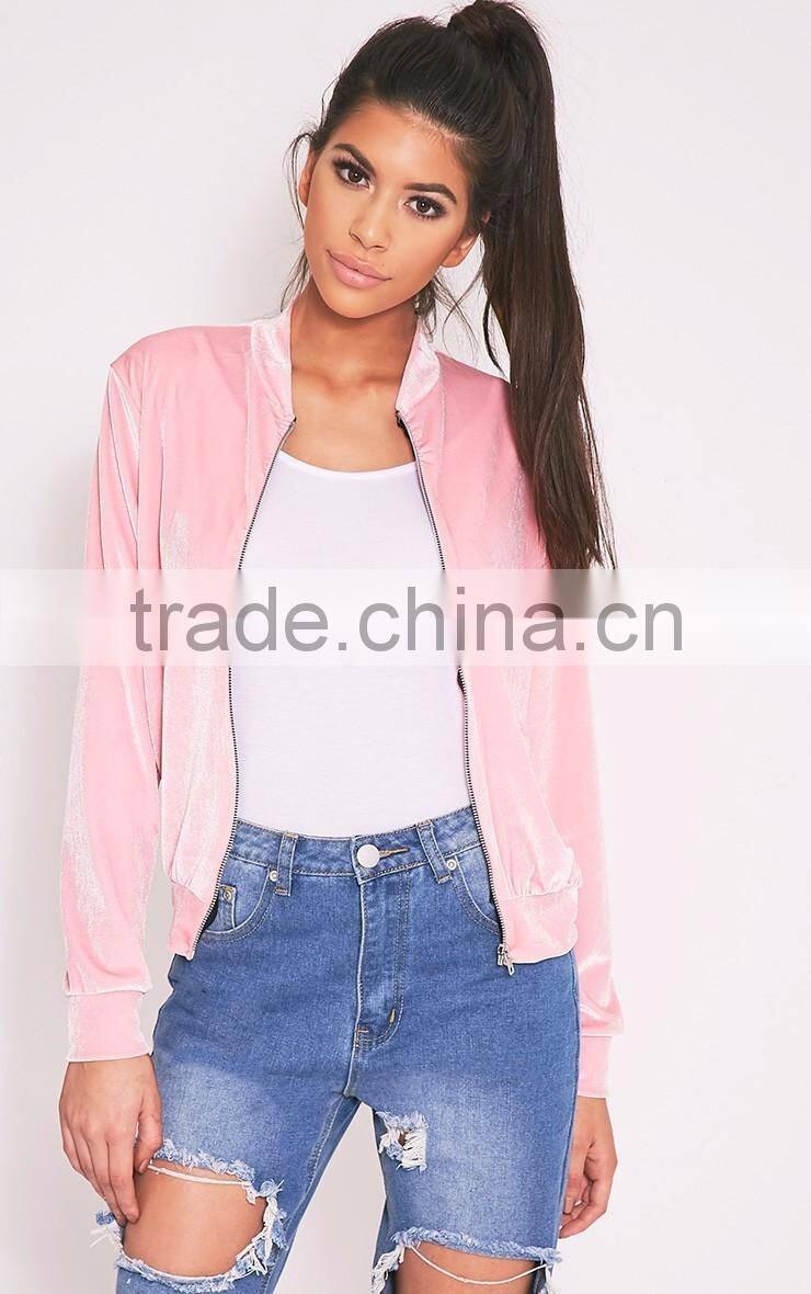 Custom Design Women Baseball Zip Up Bomber Baby Pink Plain Velvet Bomber Jacket Outwear