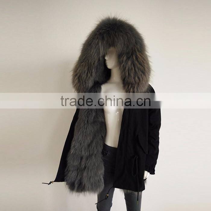 Myfur Custom Navy Outer Parka with Removable Dyed Fox Belly Fur Lined in Wholesale Price