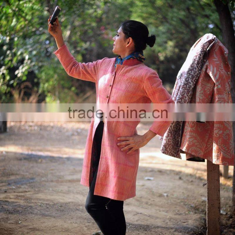 Vintage Kantha Long Accent Jacket in Beautiful Vintage Pink with a Saree Border Collar ~ Large