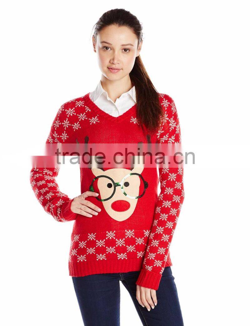 Women Red Sweater Sequined Glasses Santa Reindeer Pattern Christmas Souviners