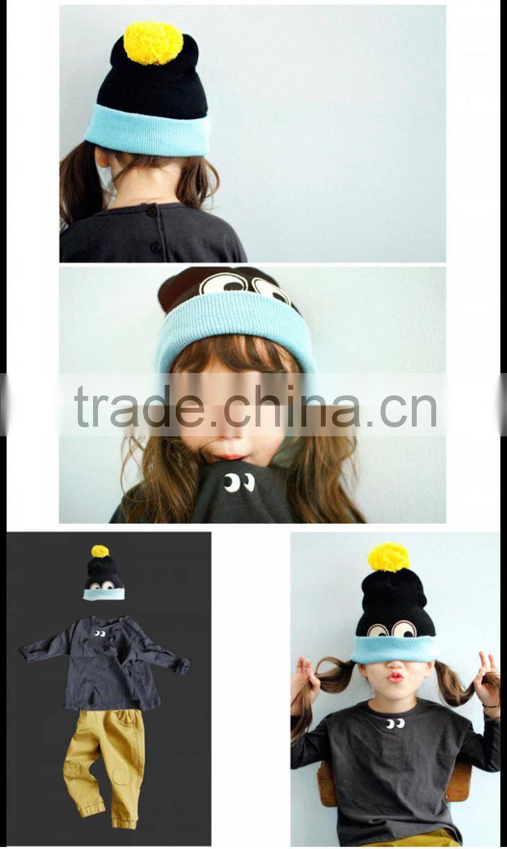 Fashion Cute Lovely Eyes Applique Fixed Kids Boys Girls Pompom Hat Beanie