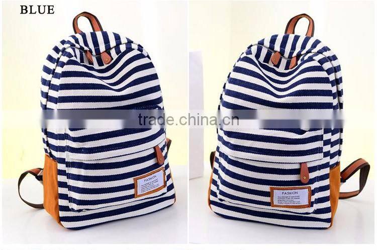 fashion simple strip for canvas backpack navy blue shoulder bag