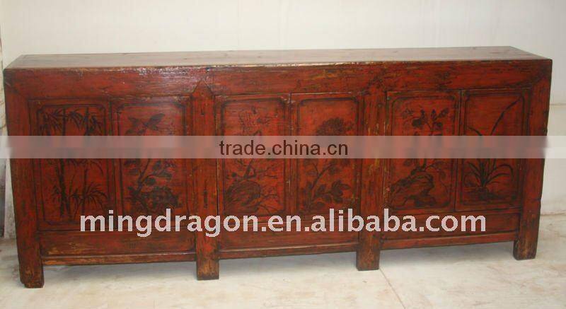 Antique Chinese Old Beautiful Painted Long Cabinet