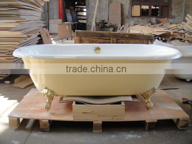 rectangular freestanding cast iron bathtub with wooden cradle