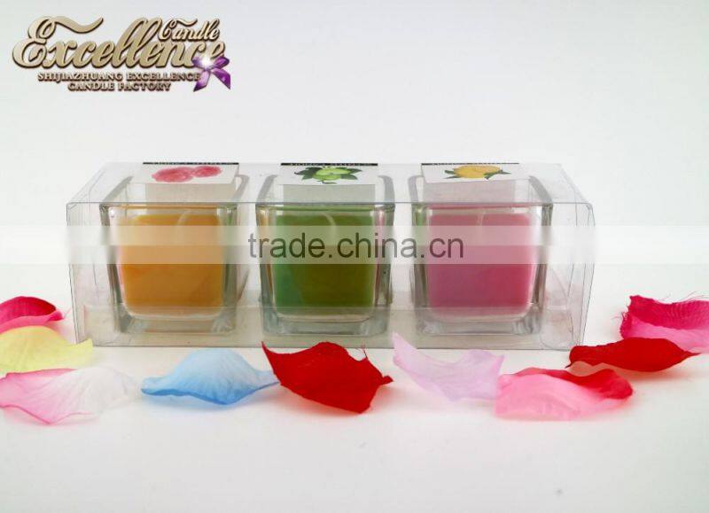 flat top 3/set scented candles soy candles in square jar holder with PVC package