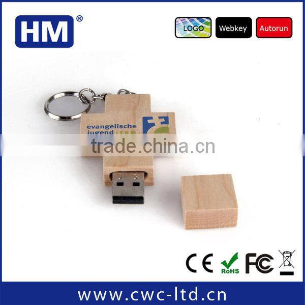 Wood cross USB flash disk 2GB4GB8GB16GB with keychain wooden USB stick Custom Solution print/laser engraving LOGO
