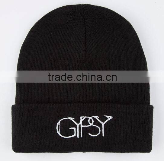 Girls Black Custom Knitted Beanie Winter Hat with White Embroidered Logo