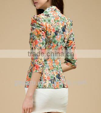 Fashion Women Jacket Flower Printed Jacket with Skirt Set