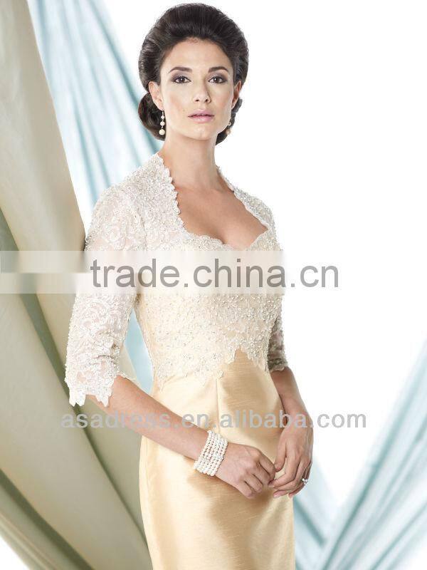 Shantung Sheath with Hand-Beaded Metallic Embroidered And Scalloped Elbow-Length Sleeves Mother of the Bride Dress (MOMO-3044)