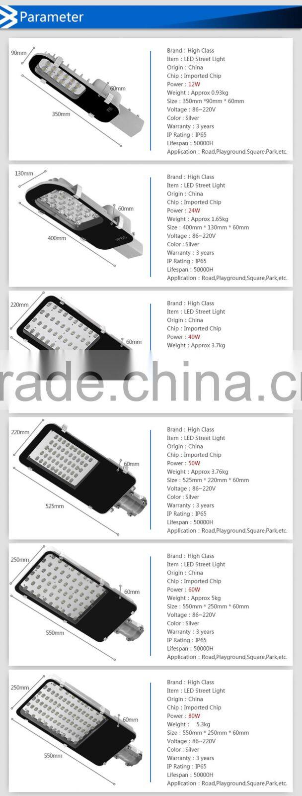 IP65 Waterproof 12W 24W 40W 50W 60W 80W LED Street Light Head Road Lamp for Garden Backyard Playground Lighting