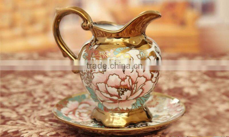 Hot sell electric golden porcelain tea Set teapot sugar bowl creamer cups and saucers Metal holder 15 Pcs 17pcs tea set