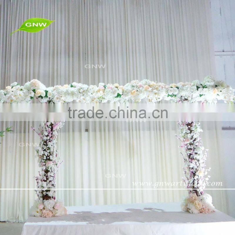 GNW FLA1609029 Fabric Flowers Wedding Arch With Wood Trunk Wedding Backdrop Entrance