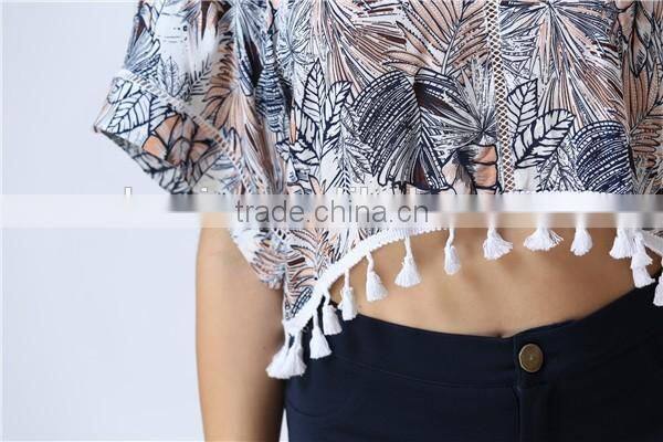 New print leaf print fashion crop tops with tassels hem for women