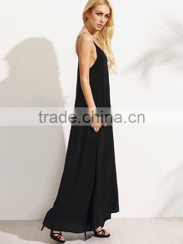 Woman Black Summer Sleeveless Spaghetti Strap Maxi Beach Shift Dress