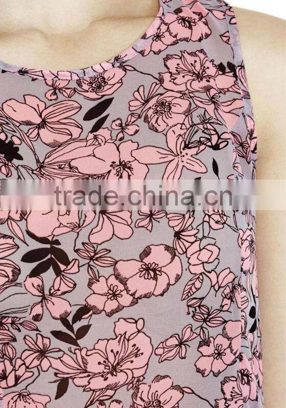 Women clothing for print drop back hem chiffon top China manufacturer