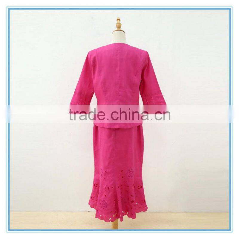 Linen Fabric Floral Embroidery Monogram Scallop Church Suits For Lady