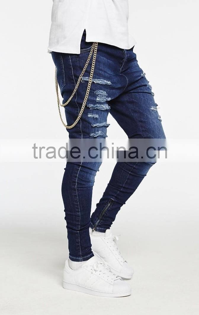 Mens Skinny Unique Design Zipper Blue Stretch Spandex Jeans Mid Waist Urban Style