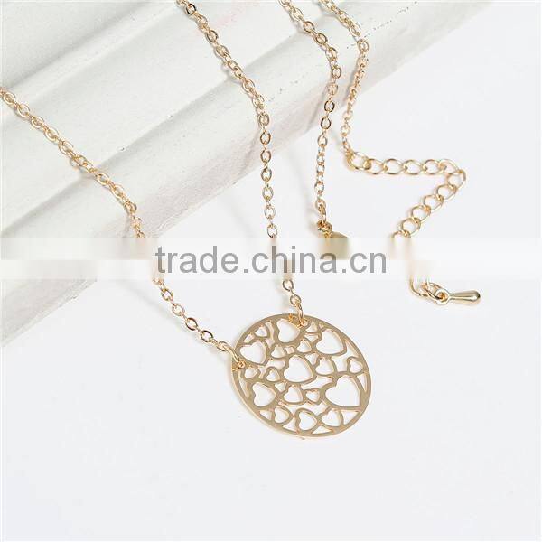New Fashion Copper Filigree Stamping Necklace Link Cable Chain Gold Plated Round Pendant Heart Carved Hollow 40.5cm long