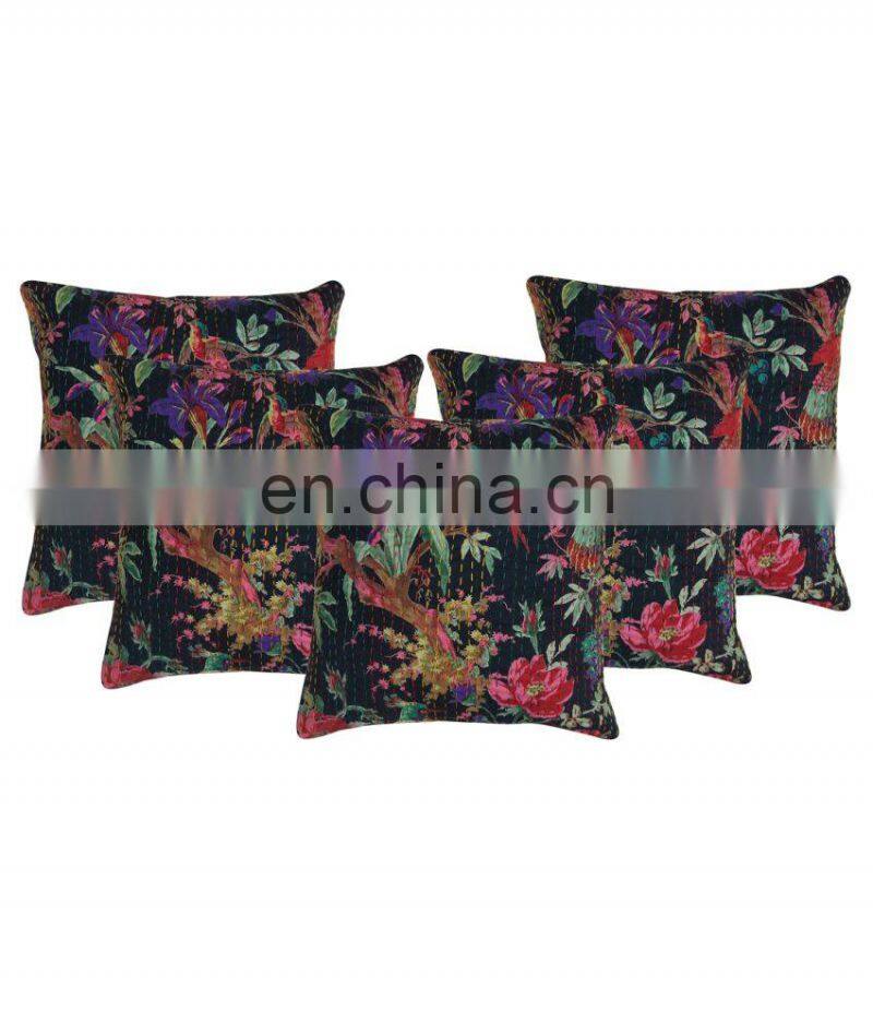 Kantha Pillow Cover Sofa Cushion Covers Floral Pillowcase Indian Home Decor Indian Bird Printed Cushion Covers