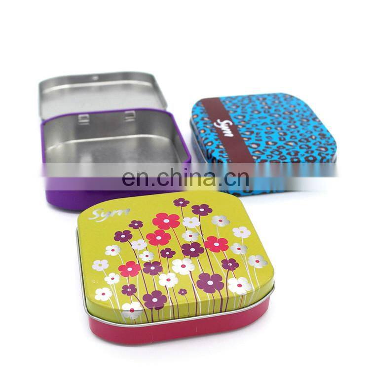Custom design printed sanitary pad metal tin/small tin case for candy with hinged lid