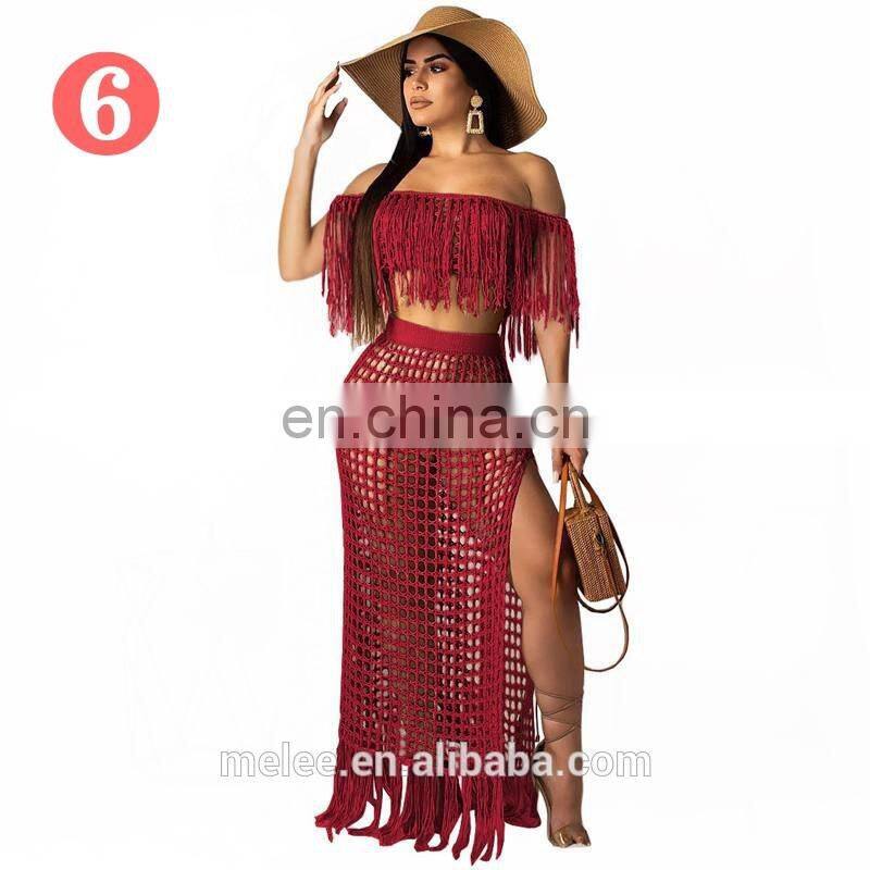 women summer two piece clothing off shoulder tassel swim wear cover up beach maxi dress bikinis 2020 swimwear beachwear