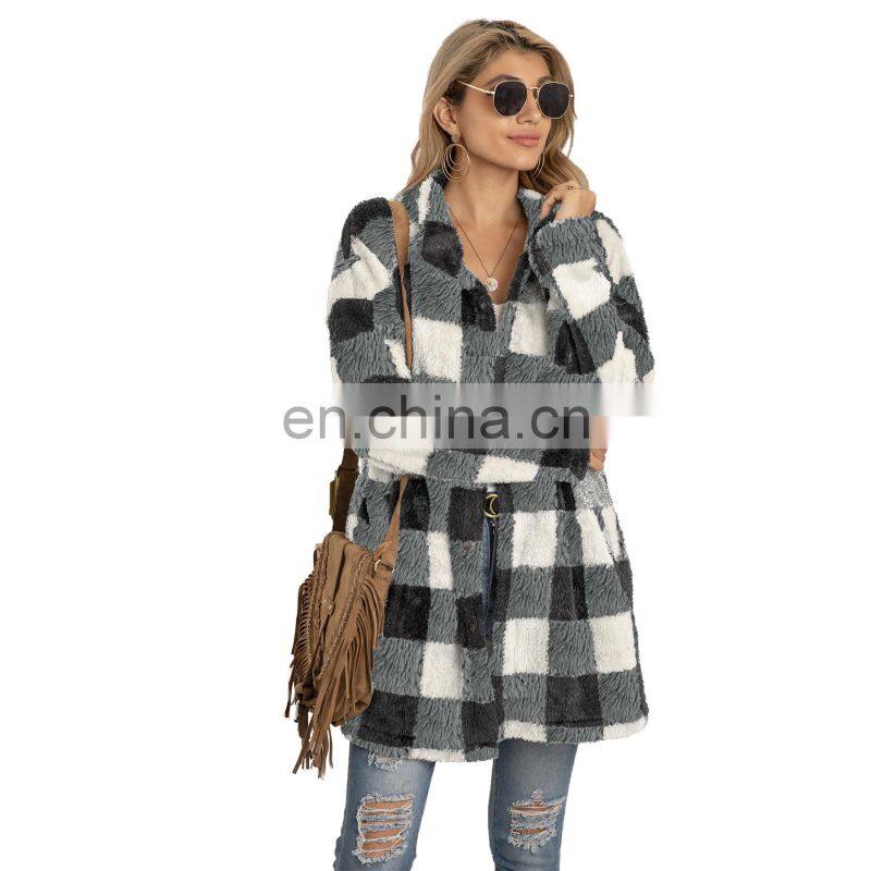 2021 autumn and winter new European and American women's Amazon plush plaid long coat plush coat
