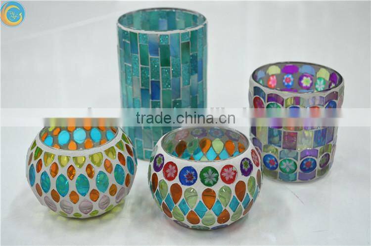 Colorful Glass Mosaic Cylinder Candle Holders Bronze & Turquoise Candle jars