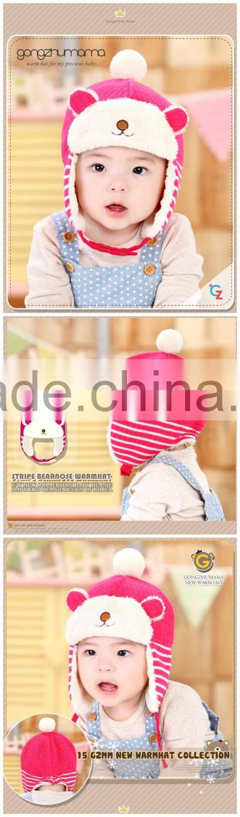 Autumn Winter Newest Checked Striped Bear Style Baby Kids Pom Poms Earflap Winter Wool Hat