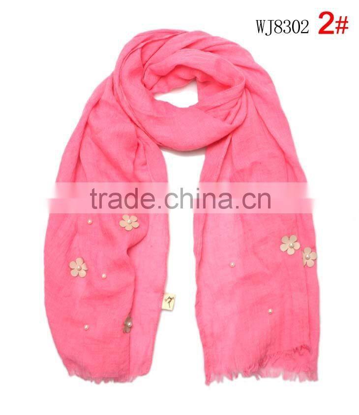 2015 Autumn Winter Newest Small Flower Applique Pearl Beads Fixed Soft Cotton Baby Girl Scarf