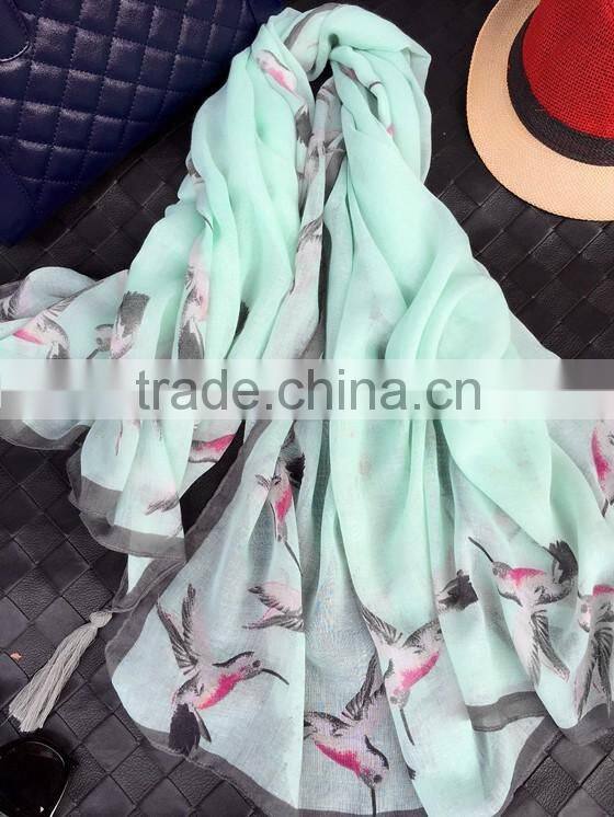 Fashion Beautiful Bird Print Large Thin Plain Cotton Square Scarf with Tassels