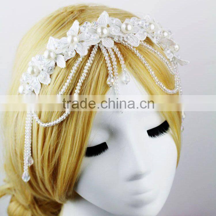 Women Wedding Party Hair Accessory Gold Headband Side Wave Metal Chain Headpiece Fashion Faux Pearl Beads Hair Jewelry Festival