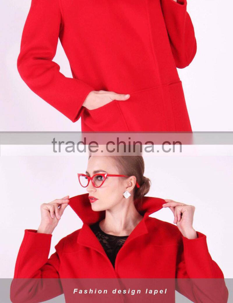 New Design Spring Women Medium Length Red Wool Coat