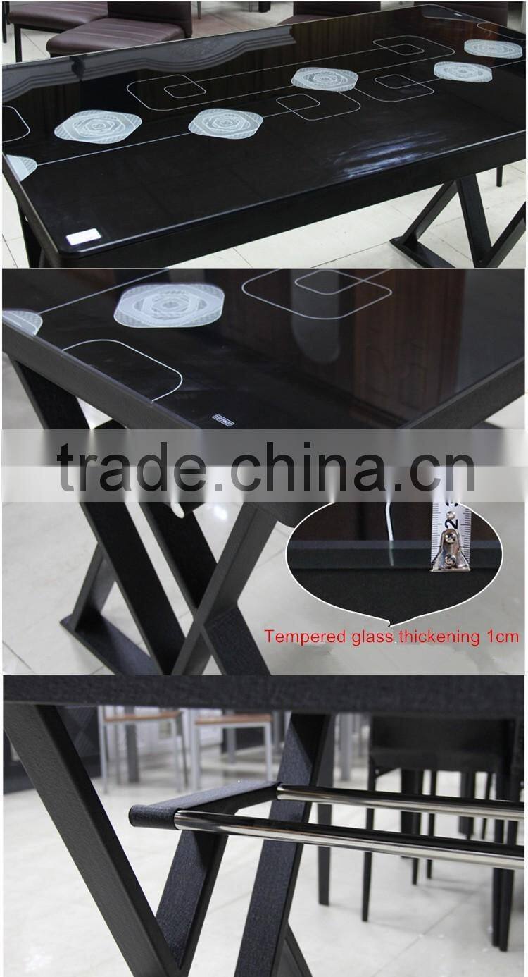 Foshan modern metal base 9mm thick rectangle black lacquer tempered glass dining table for 4 person