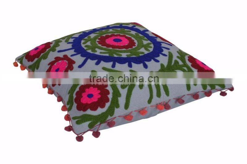 Indian Suzani Cushion Cover 16x16 Pom Pom Pillowcases Boho Throw Pillows