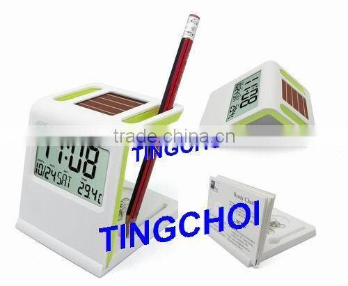 solar power digital calendar lcd clock with penholder card holder pin holder