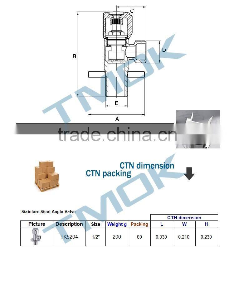 TMOK supplier 304 stainless steel drawbench 1/4 turn angel valve with decorate foundation