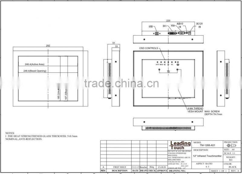 SAW, Infrared, IR, resistive, capacitive open frame 12 inch touch screen monitor